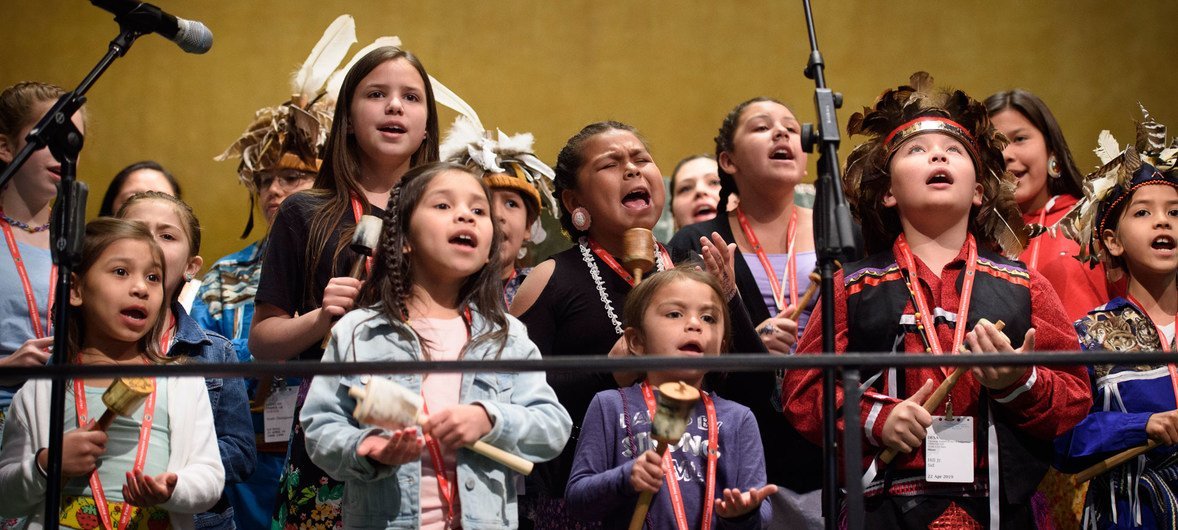 Sjisäwishék indigenous girls of the Onondaga Nation, Haudenoaunee Confederacy, perform at the opening of the eighteenth substantive session of the UN Permanent Forum on Indigenous Issues.