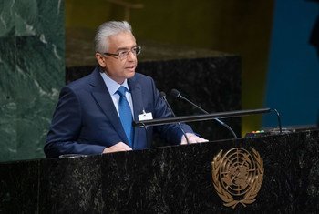 Prime Minister Pravind Kumar Jugnauth of Mauritius addresses the General Assembly meeting on the request for an advisory opinion of the International Court of Justice on the legal consequences of the separation of the Chagos Archipelago from Mauritius (f…