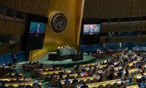 Prime Minister Pravind Kumar Jugnauth (on screen and at podium) of Mauritius addresses the General Assembly meeting on the request for an advisory opinion of the International Court of Justice on the legal consequences of the separation of the Chagos Arch