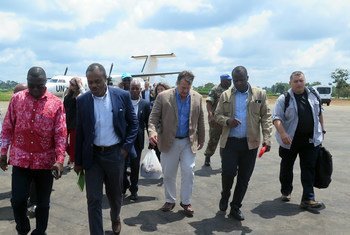 UN Deputy Special Representative David Gressly (3rd right) arrives with a delegation that includes Congolese Minister of Health Oly Ilunga Kalenga, North-Kivu Governor Julien Paluku, and health care workers, arranging the response efforts to the Ebola vir