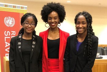 BuzzFeed's Essence Gant (centre) with two participants of the Remember Slavery Global Student Videoconference, at UN Headquarters in New York. 