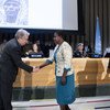 Secretary-General António Guterres bestows Mbaye Diagne Medal to Lachel Chitete Mwenechanya, widow of Private Chancy Chitete, a former UN peacekeeper from Malawi who posthumously received a medal for exceptional courage in the service of peace. (24 May 20