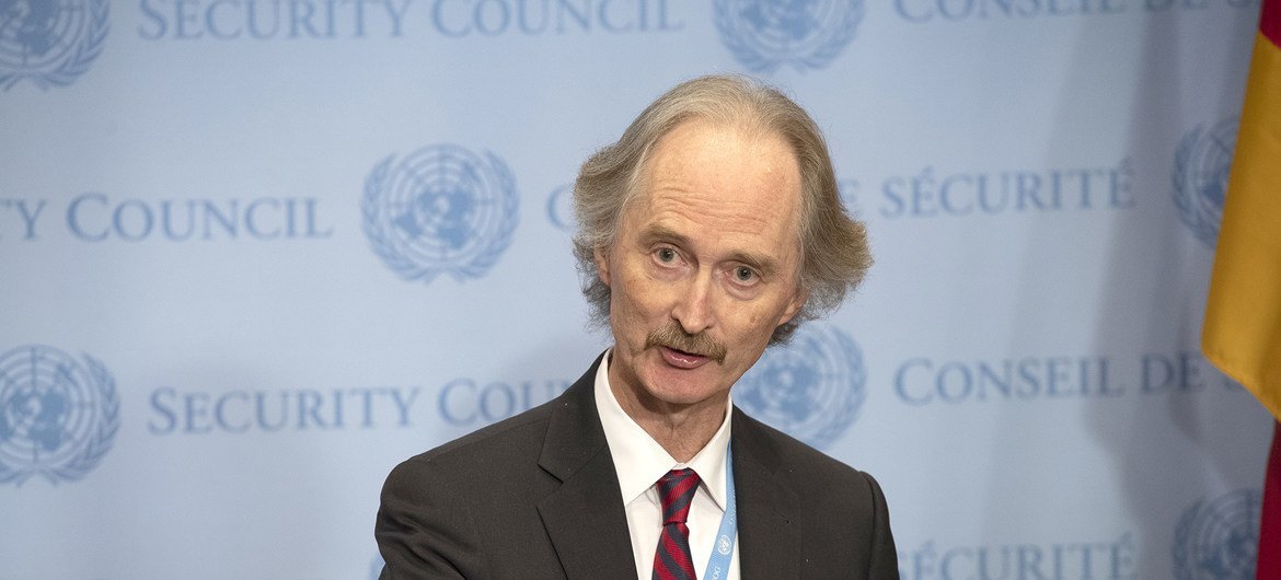 (من الأرشيف) غير بيدرسون، مبعوث الأمين العام الخاص لسوريا، في  مؤتمر صحفي عقده عقب جلسة مجلس الأمن.