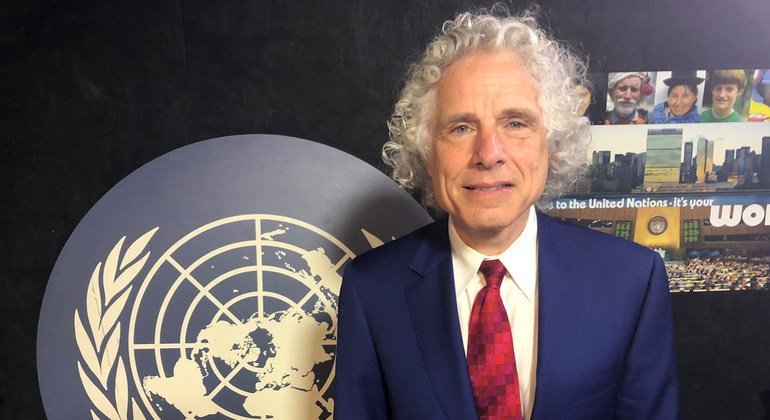 Professor Steven Pinker at the UN News studios at UN Headquarters in New York.
