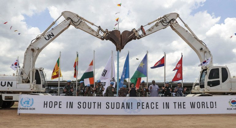 At a medal parade ceremony in South Sudan, peacekeepers got creative with construction equipment which was used as a back drop for the parade.