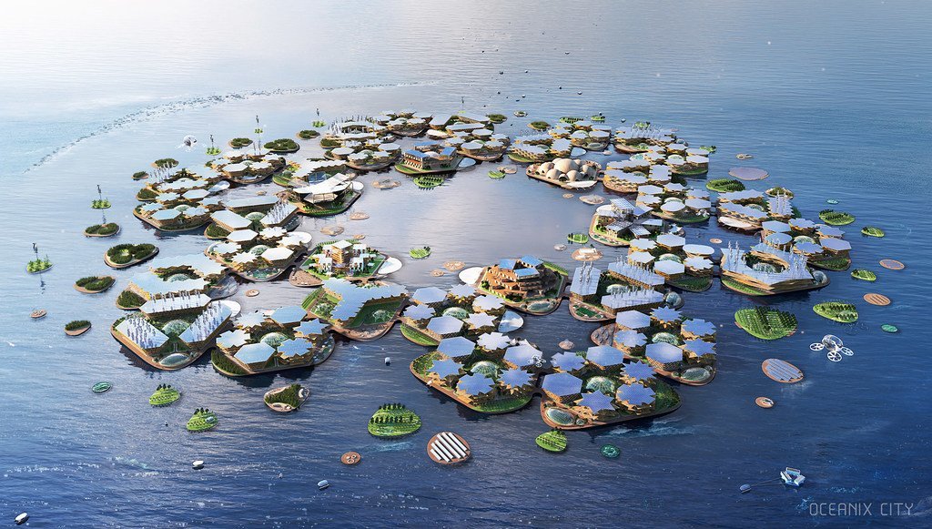 由欧尚尼克斯公司（Oceanix）和建筑师比亚克·英格斯设计的“海洋城市”概念图。
