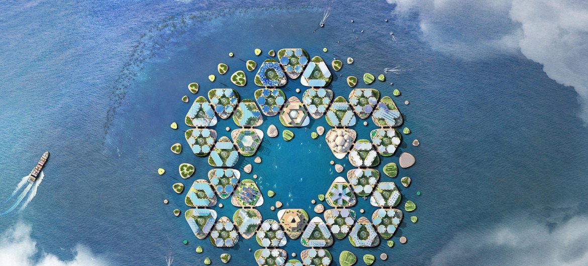 由欧尚尼克斯公司（Oceanix）和建筑师比亚克·英格斯设计的“海洋城市”俯瞰呈六角形。