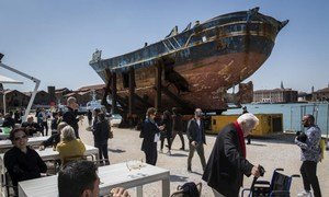The wreckage of a boat that sank in the Mediterranean in April 2015 with the loss of at least 800 refugees is displayed at the Venice Biennale. The boat was lifted from the seabed by the Italian government and brought to Venice by Swiss-Icelandic artist C