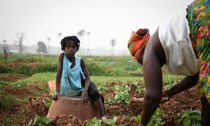 Paulita Cabral, com a filha, cultiva legumes que usa para comer e vender 