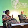 Diretora assistenta da OIT e diretora regional para África, Cynthia Samuel-Olonjuwon, discursa na Conferência Internacional de Doadores na Beira, Moçambique 