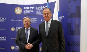 Secretary-General António Guterres meets with the Minister of Foreign Affairs of the Russian Federation Sergey Lavrov on the sidelines of the St. Petersburg International Economic Forum 2019 (SPIEF). 