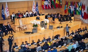 Le Président italien Sergio Mattarella prononce un discours à la 108e session de la Conférence internationale du travail à Genève le 10 juin 2019.