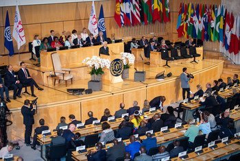 Le Président italien Sergio Mattarella prononce un discours à la 108e session de la Conférence internationale du travail à Genève le 10 juin 2019.