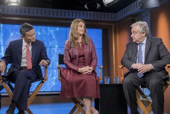 Melinda Gates, Co-Chair of The Bill & Melinda Gates Foundation (c), Jack Ma, Executive Chairman of Alibaba Group (l) and the UN Secretary-General António Guterres (r) discuss how digital cooperation and technology can contribute to achieving the Sustainab