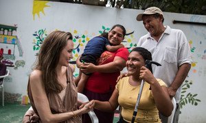 In Riohacha, Colombia, UNHCR Special Envoy Angelina Jolie meets with Ester Barboza, 17, who has been blind since age three and fled Venezuela with her family due to lack of medical care.