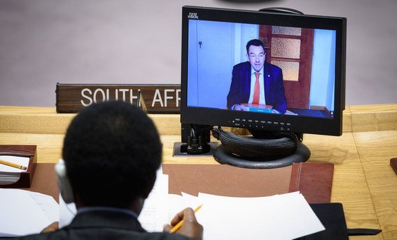 (File photo) Peter Maurer (on screen), President of the International Committee of the Red Cross, briefis the Security Council meeting on protection of civilians in armed conflict..