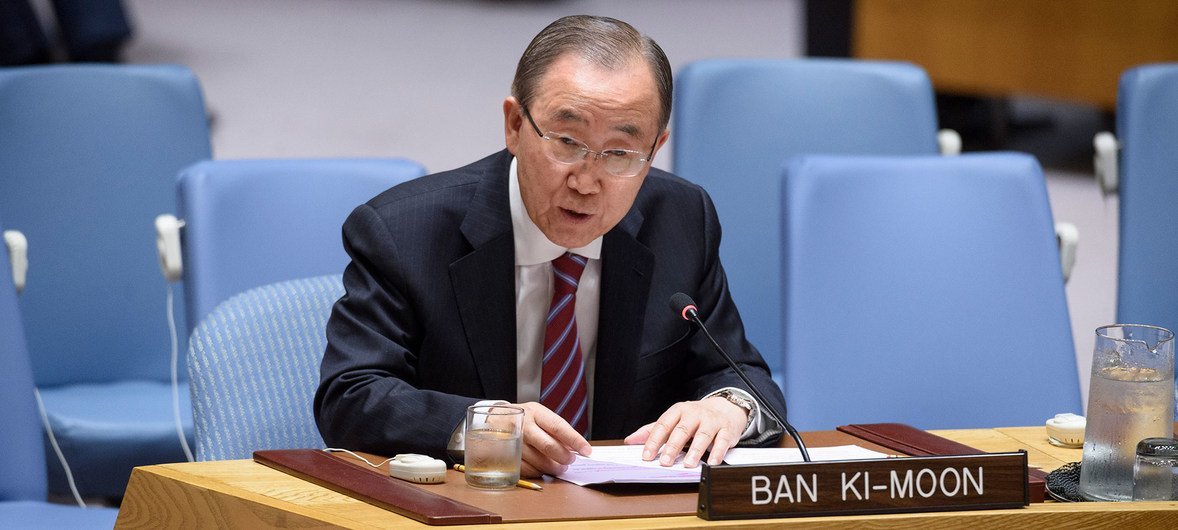 Ban Ki-moon, ancien Secrétaire général des Nations Unies, devant le Conseil de sécurité le 12 juin 2019.