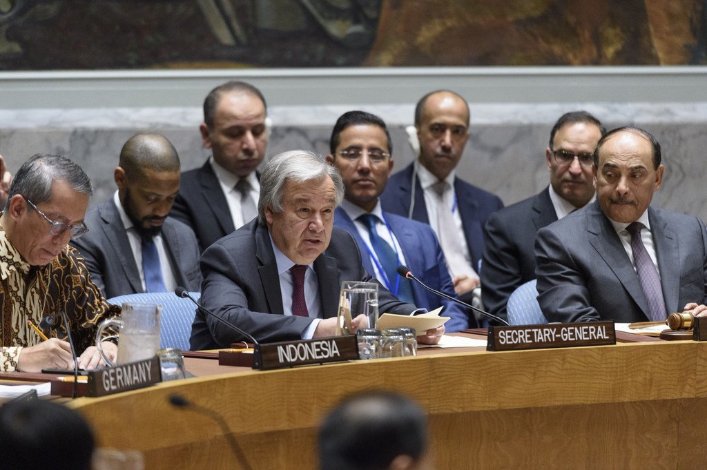 Le Secrétaire général de l'ONU, António Guterres, devant le Conseil de sécurité le 12 juin 2019.