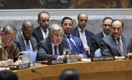 The United Nations Secretary-General António Guterres addresses the UN Security Council during a meeting on conflict prevention and mediation. (12 June 2019)