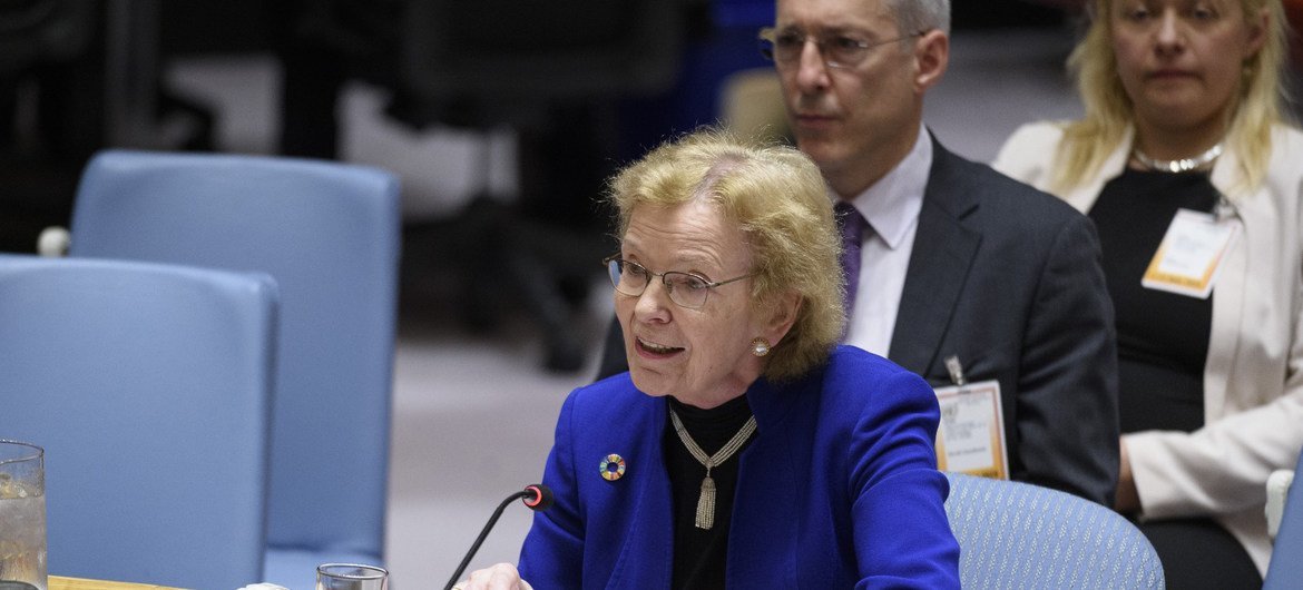 Mary Robinson, ancienne Présidente de l'Irlande, devant le Conseil de sécurité le 12 juin 2019.