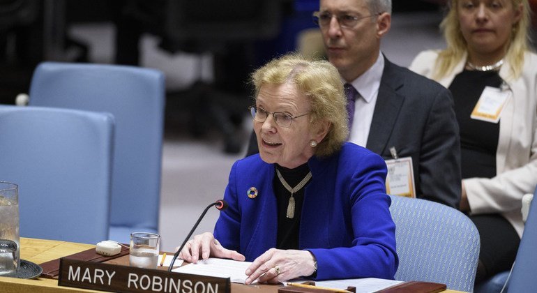 Mary Robinson, ancienne présidente irlandaise et membre des Elders, s'adresse à une réunion du Conseil de sécurité des Nations Unies sur la prévention des conflits et la médiation.  (12 juin 2019)