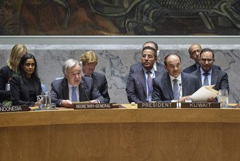 Le Secrétaire général de l'ONU, António Guterres, lors d'une réunion du Conseil de sécurité sur la coopération entre l'ONU et la Ligue des Etats arabes.