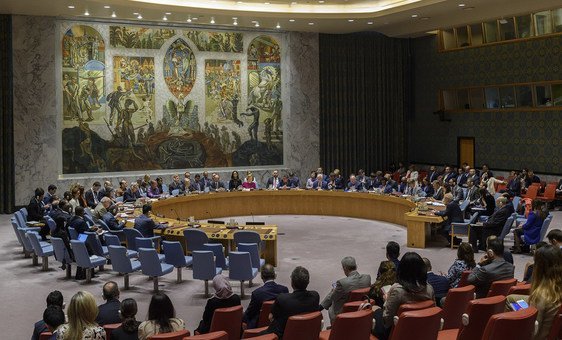 Members of the UN Security Council meet in the Security Council Chamber at UN headquarters in New York.