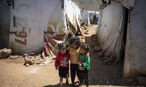 Syrian refugee children are pictured in an informal settlement near Terbol in the Bekaa Valley of Lebanon (April 2019)