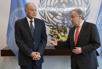 联合国秘书长古特雷斯今天与阿拉伯国家联盟秘书长盖特共同在纽约联合国总部召开记者会。