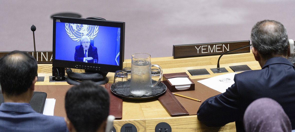 أعضاء مجلس الأمن الدولي يستمعون إلى إحاطة من مارتن غريفيثس المبعوث الأممي لليمن. 17 يونيه/حزيران 2019.