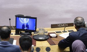 Des délégués au Conseil de sécurité écoute l'exposé de Martin Griffiths, Envoyé spécial du Secrétaire général pour le Yémen, sur la situation dans ce pays.