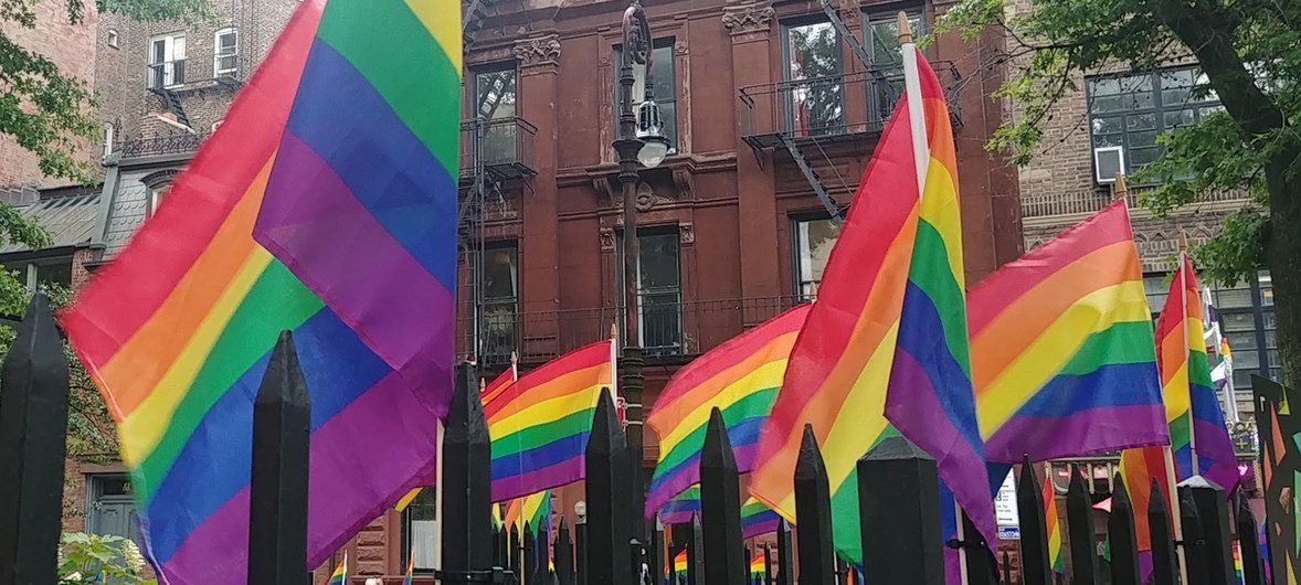 Rainbow flags flying proudly in Christopher Park, New York City, during LGBT Pride Month, June.