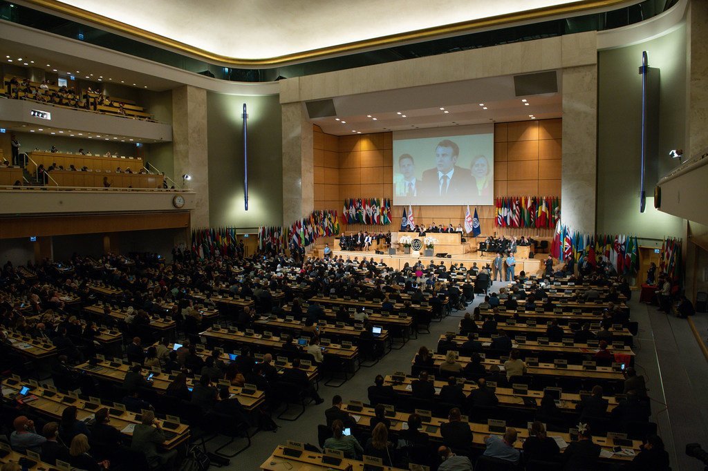 Le Président français Emmanuel Macron prend la parole lors de la 108ème session de la Conférence internationale du travail à Genève, le 11 juin 2019.