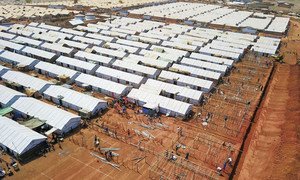 Construction of communal shelters in Wau camp for displaced people, in South Sudan.