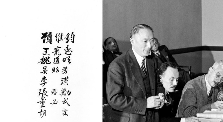 左图：参加1945年旧金山会议的中国代表团在《联合国宪章》上签名。右图：中国代表顾维钧在旧金山会议期间陈述中国立场。