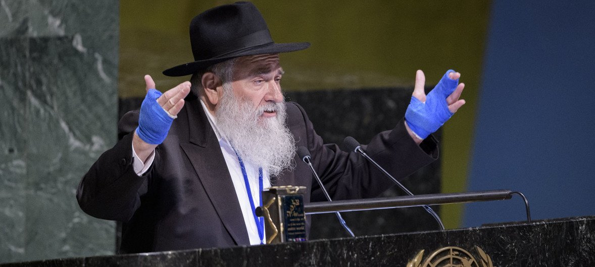 Rabbi Yisroel Goldstein speaks on Combating Anti-Semitism and Other Forms of Racism and Hate, at UN Headquarters, June 2019. His California congregation was targeted by an anti-Semitic gunman in April, killing one and injuring three, including the Rabbi.