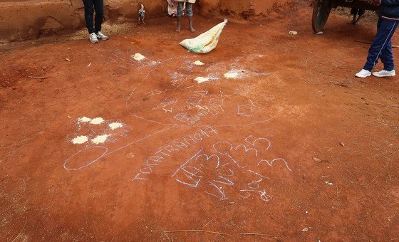 Piles of sawdust on a village map mark where people in Andoharanovelona in Madagascar defecated in open areas. (May 2019)