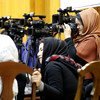 Jornalistas em Cabul em evento sobre liberdade de expressão ocorrido em 2019