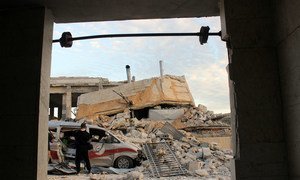 Kafr Nubl surgical hospital is seen after it was put out of service by attacks in early May 2019.  The building and an ambulance lie in ruins. (3 May 2019)