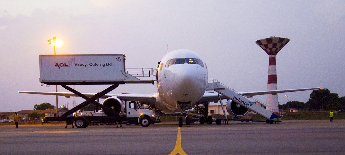 An aircraft being serviced at an airport in Ghana.