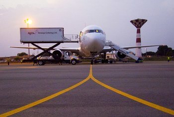 An aircraft being serviced at an airport in Ghana.