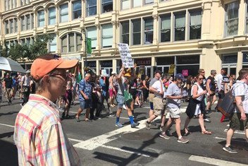 Linda Tyson arrives early to watch the 2019 New York City LGBT Pride March on Fifth Avenue.