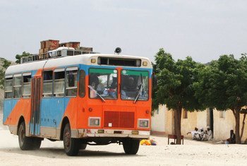 A bus drives into Ghezghiza Village, Anseba Region of Eritrea (File).