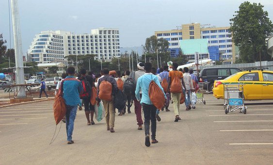 After being stranded in Yemen, a group of Ethiopian migrants return to Addis Ababa with the support of the International Organization for Migration. (July 2019)