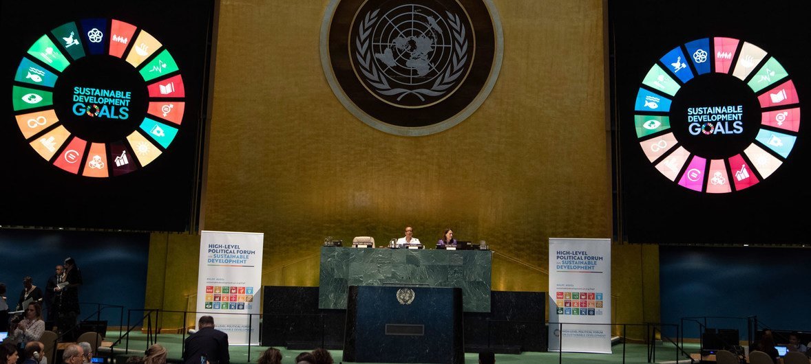 Inga Rhonda King, President of the Economic and Social Council (ECOSOC), and María Fernanda Espinosa, General Assembly President, at the podium of the opening of the High-level Segment of the ECOSOC and the Ministerial Segment of the High-level Political 