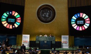 Inga Rhonda King, President of the Economic and Social Council (ECOSOC), and María Fernanda Espinosa, General Assembly President, at the podium of the opening of the High-level Segment of the ECOSOC and the Ministerial Segment of the High-level Political 