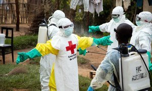 Trabajadores sanitarios limpian su ropa protectora contra el ébola en la República Democrática del Congo. 