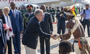  Secretary-General António Guterres is welcomed on arrival in Maputo, the capital of Mozambique. 11 July, 2019.