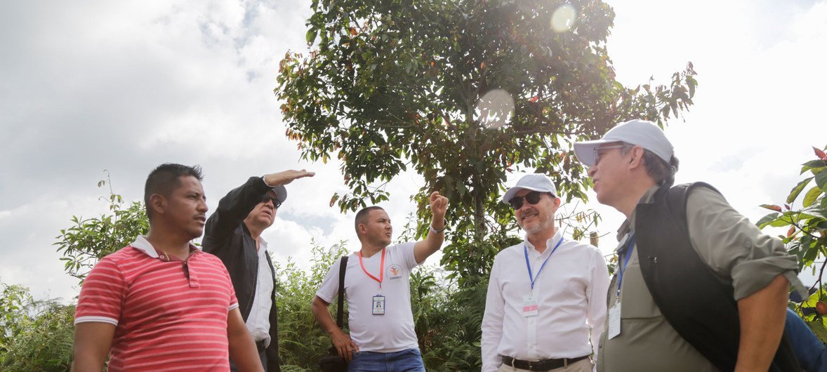 Pictured at second from left is Gustavo Meza-Cuadra Velásquez, Permanent Representative of Peru, and President of the Security Council for the month of July, during the Council's visit to Colombia. At second from right is Marc Pecsteen de Buytswerve, Per