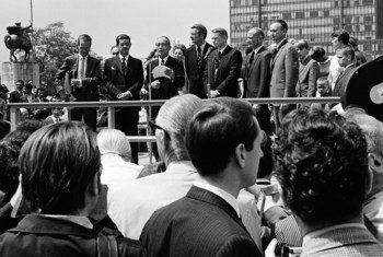 American astronauts Neil Armstrong, Col. Edwin E. Aldrin, Jr. and Col. Michael Collins of Apollo 11, the first men to land on the moon, visited the United Nations where they attended a ceremony in their honour at the North Plaza of the United Nations Gene